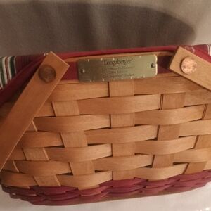 Longaberger Red and Brown Woven Basket With Fabric Liner And Plastic Liner